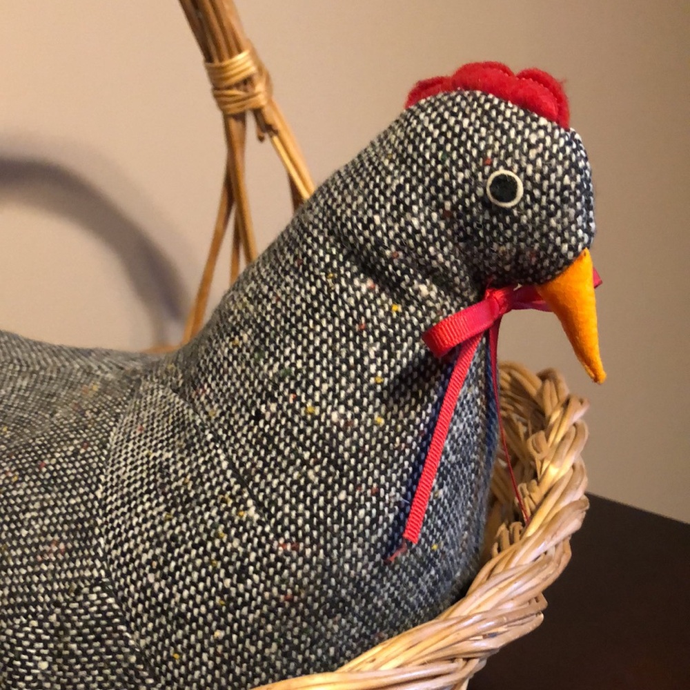 Vintage Estate Handmade Tweed Fabric Stuffed Hen + Wicker Basket
